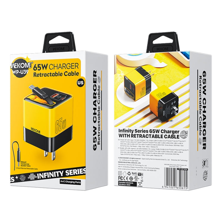 WK WP-U39 65W USB-C / Type-C, USB GaN Fast Charger with 80cm Type-C Cable, Plug Type:US Plug(Yellow) - USB Charger by WK | Online Shopping UK | buy2fix