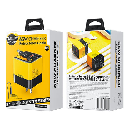 WK WP-U39 65W USB-C / Type-C, USB GaN Fast Charger with 80cm Type-C Cable, Plug Type:US Plug(Yellow) - USB Charger by WK | Online Shopping UK | buy2fix