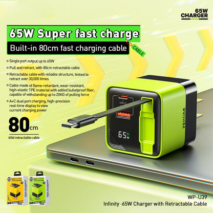 WK WP-U39 65W USB-C / Type-C, USB GaN Fast Charger with 80cm Type-C Cable, Plug Type:EU Plug(Yellow) - USB Charger by WK | Online Shopping UK | buy2fix