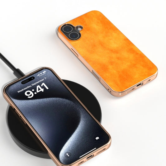 For iPhone 16 Nano Electroplating Dual Color Lichi Texture PU Phone Case(Orange) by buy2fix
