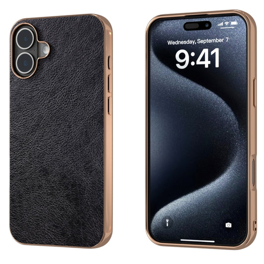 For iPhone 16 Nano Electroplating Dual Color Lichi Texture PU Phone Case(Black) - iPhone 16 Cases by buy2fix | Online Shopping UK | buy2fix