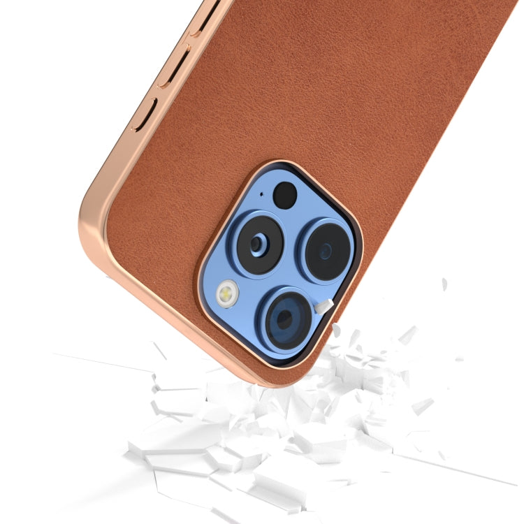 For iPhone 16 Pro Max Nano Electroplating Dual Color Cowhide Texture Protective Phone Case(Brown) - iPhone 16 Pro Max Cases by buy2fix | Online Shopping UK | buy2fix