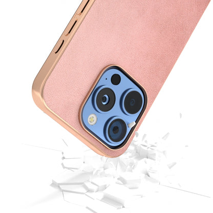 For iPhone 16 Pro Nano Electroplating Dual Color Cowhide Texture Protective Phone Case(Rose Gold) - iPhone 16 Pro Cases by buy2fix | Online Shopping UK | buy2fix