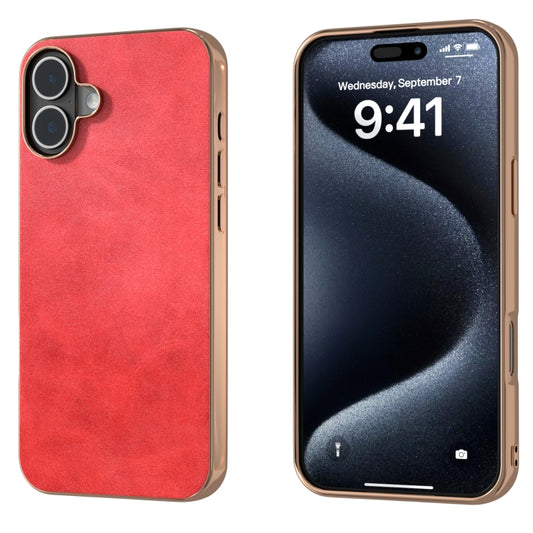 For iPhone 16 Plus Nano Electroplating Dual Color Cowhide Texture Protective Phone Case(Red) by buy2fix