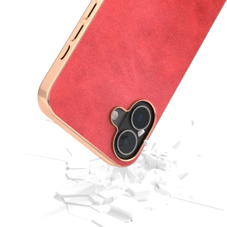 For iPhone 16 Plus Nano Electroplating Dual Color Cowhide Texture Protective Phone Case(Red) by buy2fix