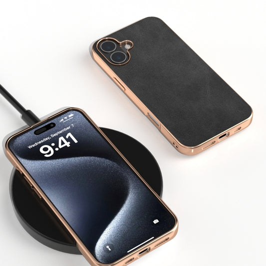 For iPhone 16 Plus Nano Electroplating Dual Color Cowhide Texture Protective Phone Case(Black) by buy2fix