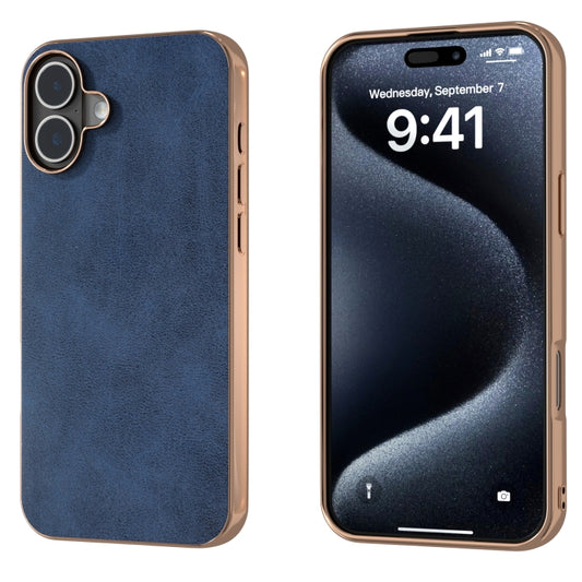 For iPhone 16 Plus Nano Electroplating Dual Color Cowhide Texture Protective Phone Case(Blue) - iPhone 16 Plus Cases by buy2fix | Online Shopping UK | buy2fix