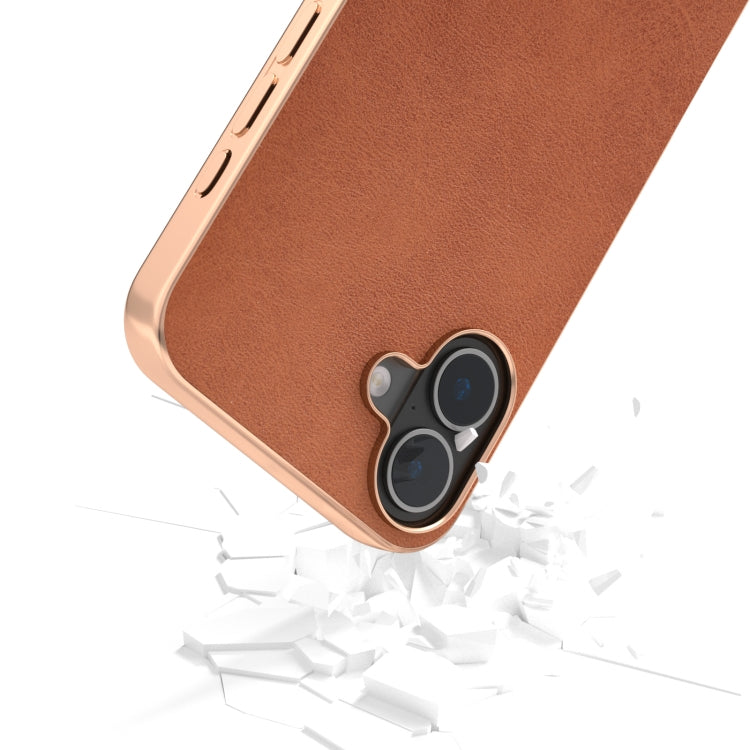 For iPhone 16 Plus Nano Electroplating Dual Color Cowhide Texture Protective Phone Case(Brown) by buy2fix