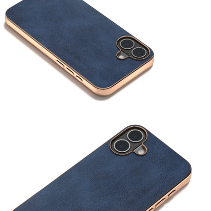 For iPhone 16 Nano Electroplating Dual Color Cowhide Texture Protective Phone Case(Blue) - iPhone 16 Cases by buy2fix | Online Shopping UK | buy2fix