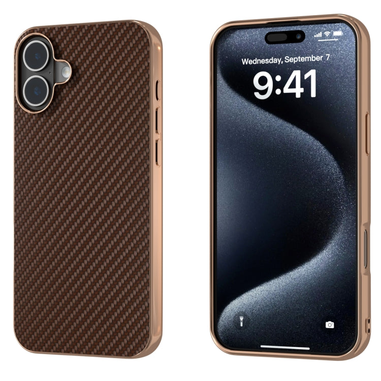For iPhone 16 Plus Nano Electroplating Carbon Fiber Texture Phone Case(Dark Brown) by buy2fix