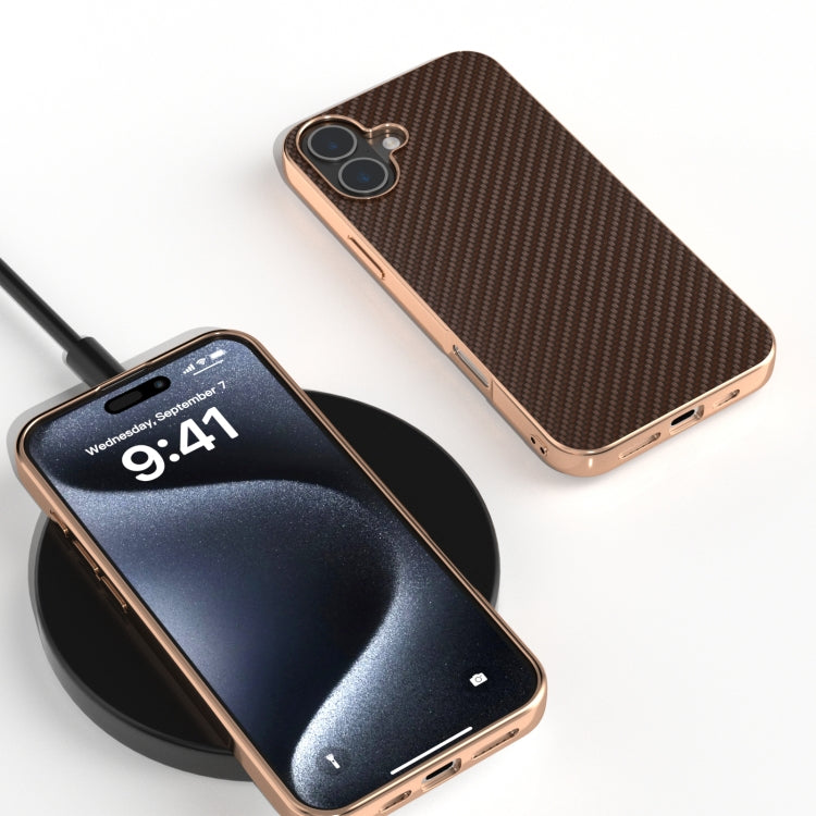 For iPhone 16 Plus Nano Electroplating Carbon Fiber Texture Phone Case(Dark Brown) by buy2fix