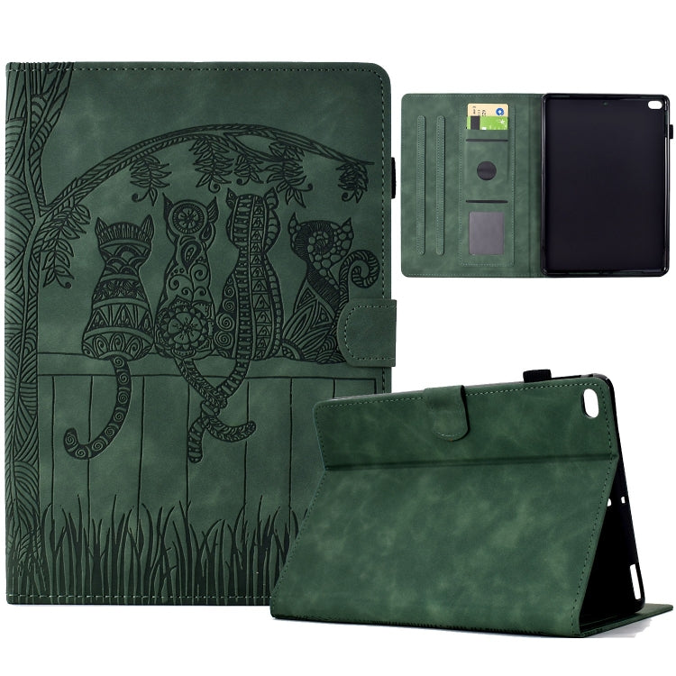 For iPad Pro 9.7 / 9.7 2018 / 2017 Cats Embossed Leather Smart Tablet Case(Green) - iPad 9.7 (2018) & (2017) Cases by buy2fix | Online Shopping UK | buy2fix