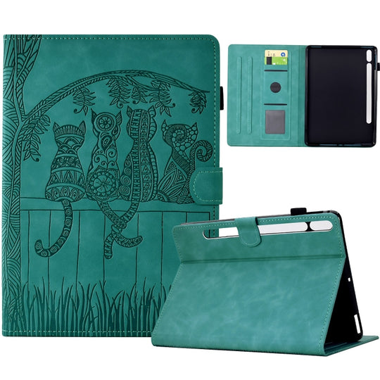 For Samsung Galaxy Tab S9 / S9 FE Cats Embossed Leather Smart Tablet Case(Light Blue)