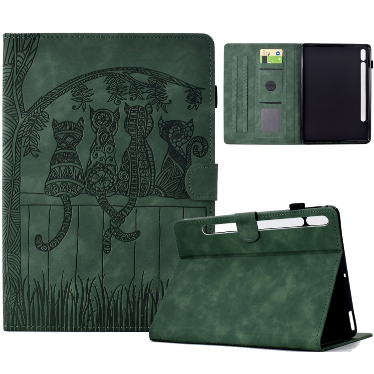 For Samsung Galaxy Tab S8 / S7 Cats Embossed Leather Smart Tablet Case(Green) by buy2fix
