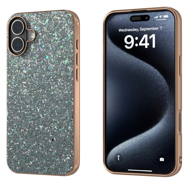 For iPhone 16 Electroplating Frame Colorful Glitter Phone Case(Black Green) by buy2fix