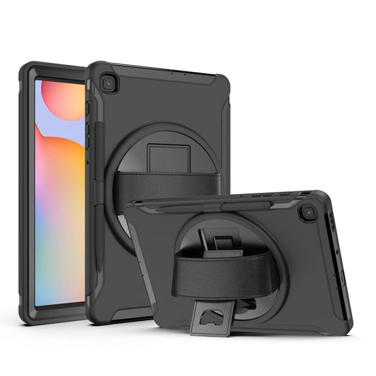 For Samsung Galaxy Tab S6 Lite 360 Degree Rotation PC+TPU Protective Cover with Holder & Hand Strap & Pen Slot(Black) - Tab S6 Lite P610 / P615 by buy2fix | Online Shopping UK | buy2fix