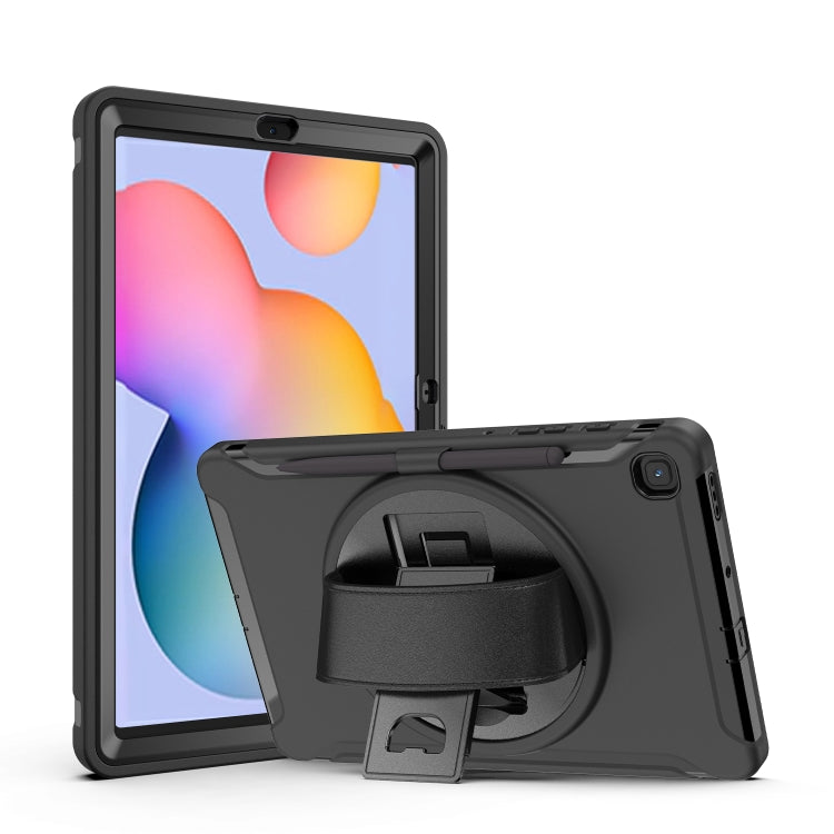 For Samsung Galaxy Tab S6 Lite 360 Degree Rotation PC+TPU Protective Cover with Holder & Hand Strap & Pen Slot(Black) - Tab S6 Lite P610 / P615 by buy2fix | Online Shopping UK | buy2fix
