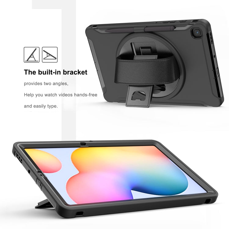 For Samsung Galaxy Tab S6 Lite 360 Degree Rotation PC+TPU Protective Cover with Holder & Hand Strap & Pen Slot(Black) - Tab S6 Lite P610 / P615 by buy2fix | Online Shopping UK | buy2fix