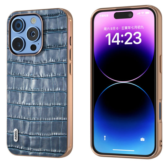 For iPhone 16 Pro ABEEL Electroplating Frame Crocodile Texture Genuine Leather Phone Case(Blue)