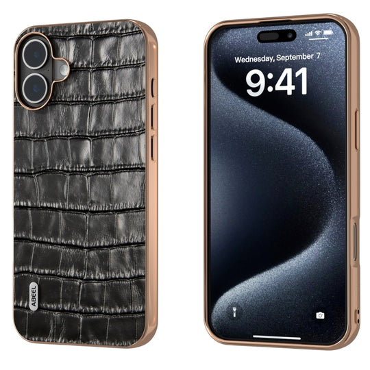 For iPhone 16 ABEEL Electroplating Frame Crocodile Texture Genuine Leather Phone Case(Black)