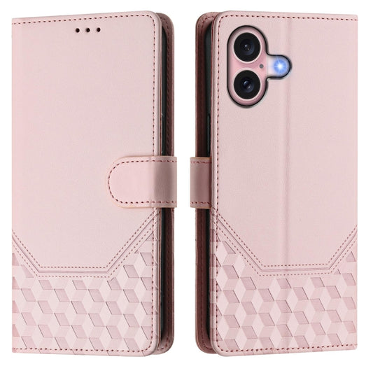 For iPhone 16 Honeycomb Embossing RFID Leather Phone Case(Pink) by buy2fix