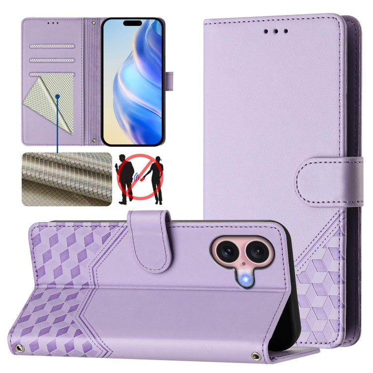 For iPhone 16 Honeycomb Embossing RFID Leather Phone Case(Light Purple) - iPhone 16 Cases by buy2fix | Online Shopping UK | buy2fix