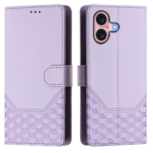 For iPhone 16 Honeycomb Embossing RFID Leather Phone Case(Light Purple) by buy2fix