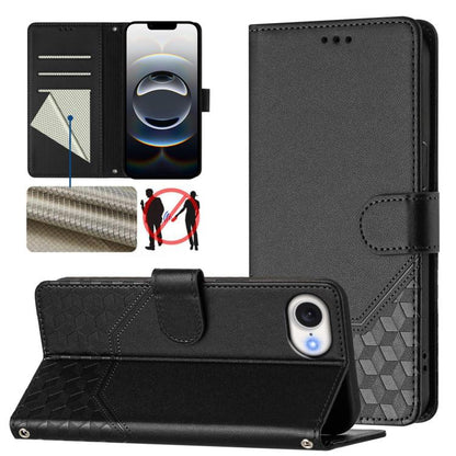 For iPhone 16e Honeycomb Embossing RFID Leather Phone Case(Black) - iPhone 16e Cases by buy2fix | Online Shopping UK | buy2fix