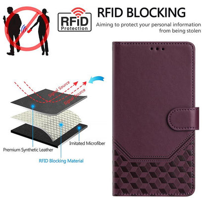 For iPhone 16e Honeycomb Embossing RFID Leather Phone Case(Violet) - iPhone 16e Cases by buy2fix | Online Shopping UK | buy2fix