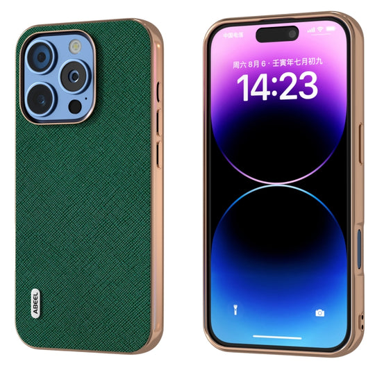 For iPhone 16 Pro Max ABEEL Electroplating Frame Cross Texture Genuine Leather Phone Case(Green)
