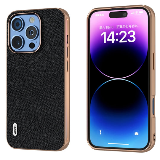 For iPhone 16 Pro ABEEL Electroplating Frame Cross Texture Genuine Leather Phone Case(Black)