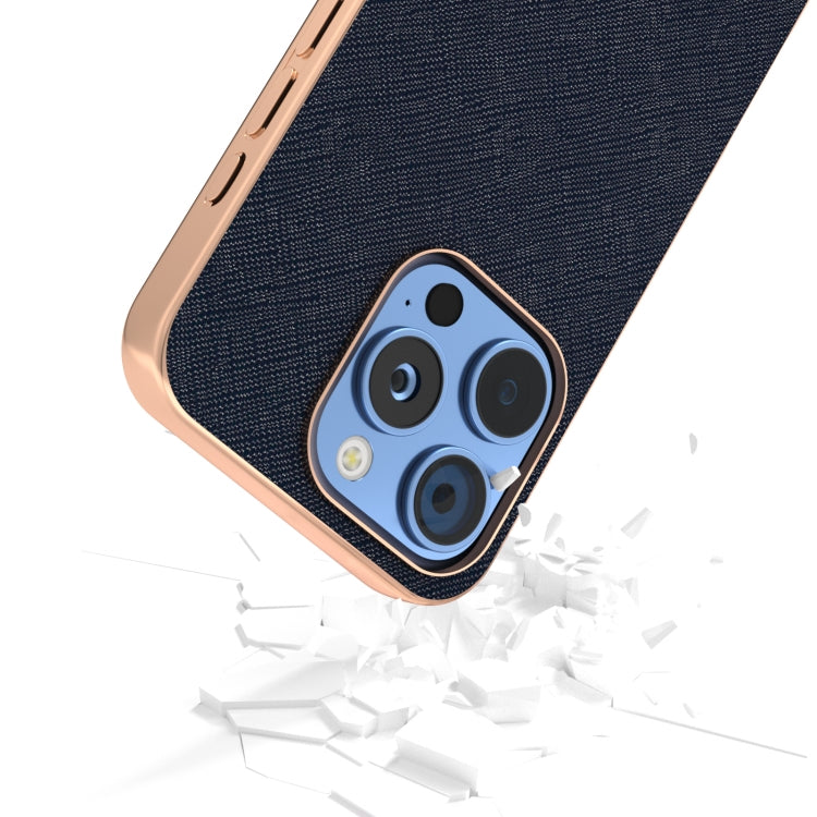 For iPhone 16 Pro ABEEL Electroplating Frame Cross Texture Genuine Leather Phone Case(Blue) by buy2fix