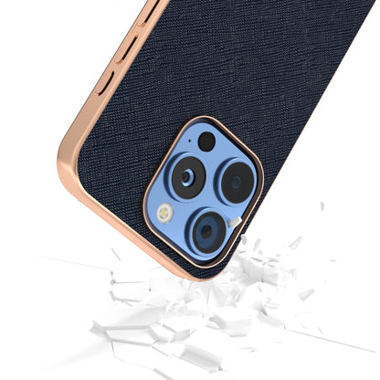 For iPhone 16 Pro ABEEL Electroplating Frame Cross Texture Genuine Leather Phone Case(Blue) by buy2fix