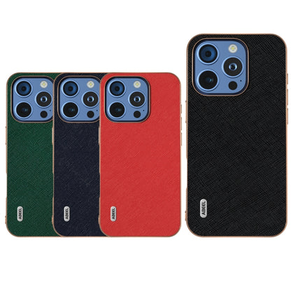 For iPhone 16 Pro ABEEL Electroplating Frame Cross Texture Genuine Leather Phone Case(Blue) by buy2fix