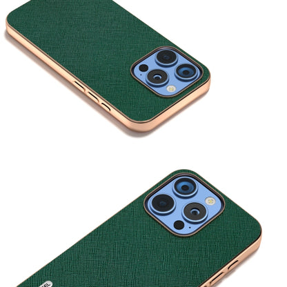 For iPhone 16 Pro ABEEL Electroplating Frame Cross Texture Genuine Leather Phone Case(Green) by buy2fix