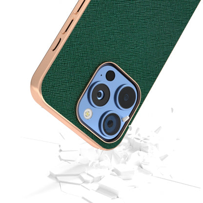 For iPhone 16 Pro ABEEL Electroplating Frame Cross Texture Genuine Leather Phone Case(Green) by buy2fix
