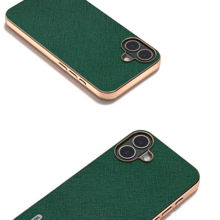 For iPhone 16 Plus ABEEL Electroplating Frame Cross Texture Genuine Leather Phone Case(Green) - iPhone 16 Plus Cases by buy2fix | Online Shopping UK | buy2fix