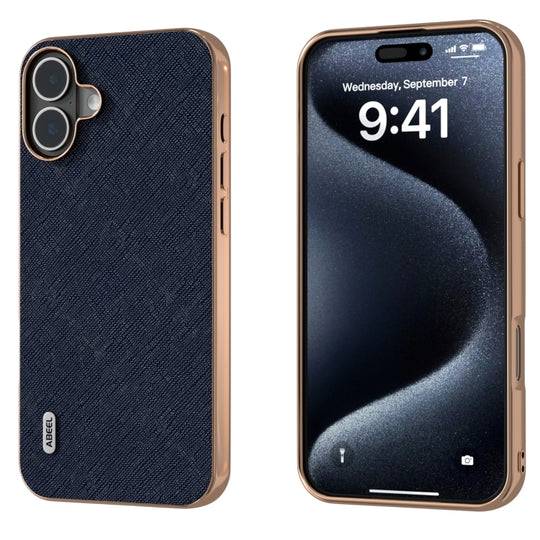 For iPhone 16 ABEEL Electroplating Frame Cross Texture Genuine Leather Phone Case(Blue)