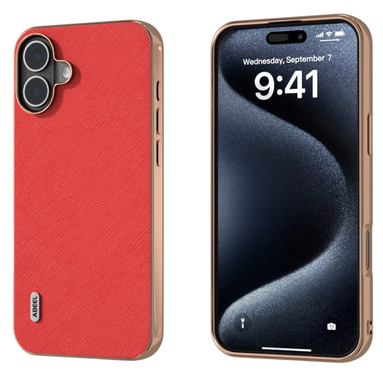 For iPhone 16 ABEEL Electroplating Frame Cross Texture Genuine Leather Phone Case(Red)