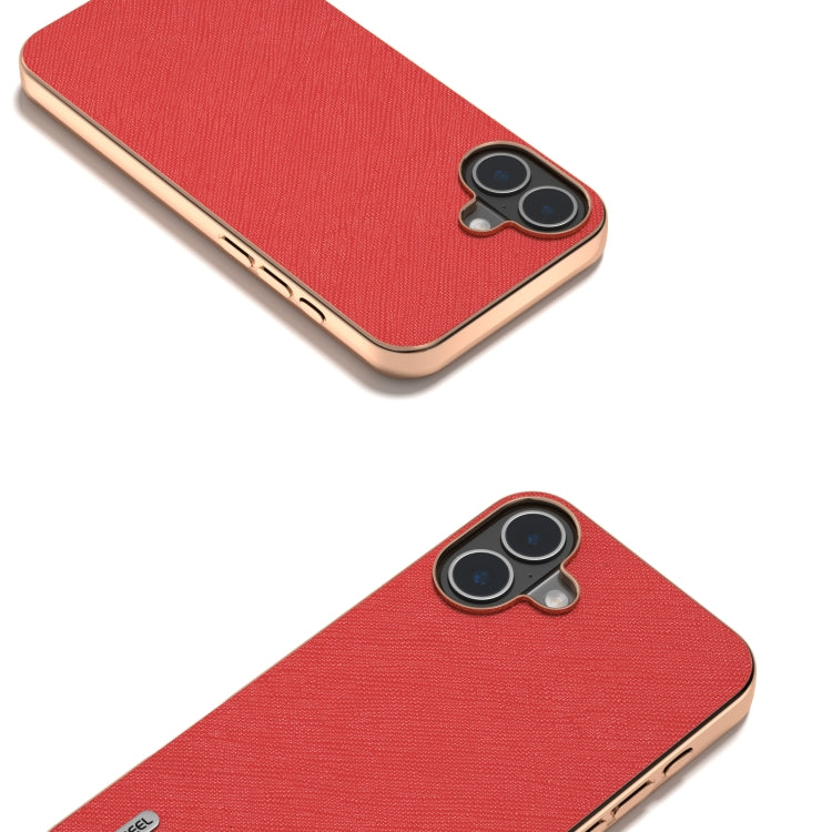 For iPhone 16 ABEEL Electroplating Frame Cross Texture Genuine Leather Phone Case(Red) - iPhone 16 Cases by buy2fix | Online Shopping UK | buy2fix