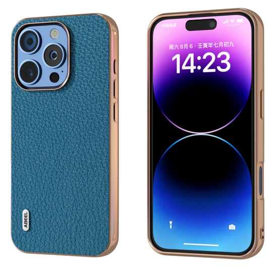 For iPhone 16 Pro ABEEL Electroplating Frame Genuine Leather Litchi Texture Phone Case(Blue)