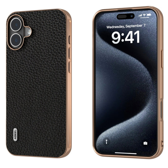 For iPhone 16 ABEEL Electroplating Frame Genuine Leather Litchi Texture Phone Case(Black)