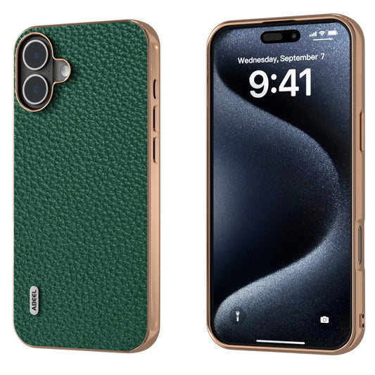 For iPhone 16 ABEEL Electroplating Frame Genuine Leather Litchi Texture Phone Case(Green) - iPhone 16 Cases by buy2fix | Online Shopping UK | buy2fix