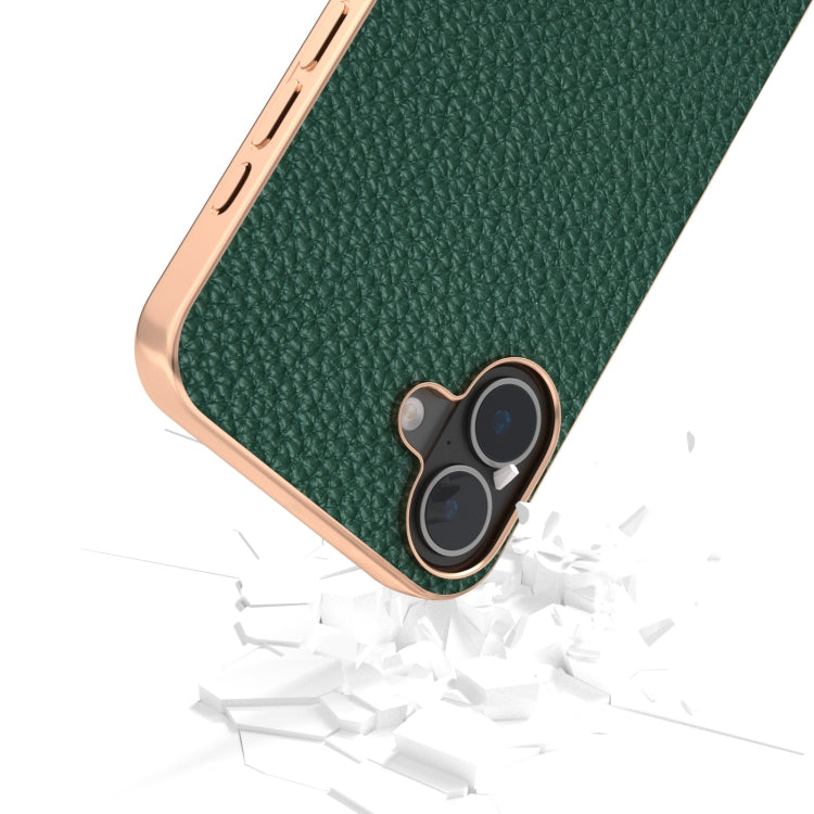 For iPhone 16 ABEEL Electroplating Frame Genuine Leather Litchi Texture Phone Case(Green) - iPhone 16 Cases by buy2fix | Online Shopping UK | buy2fix