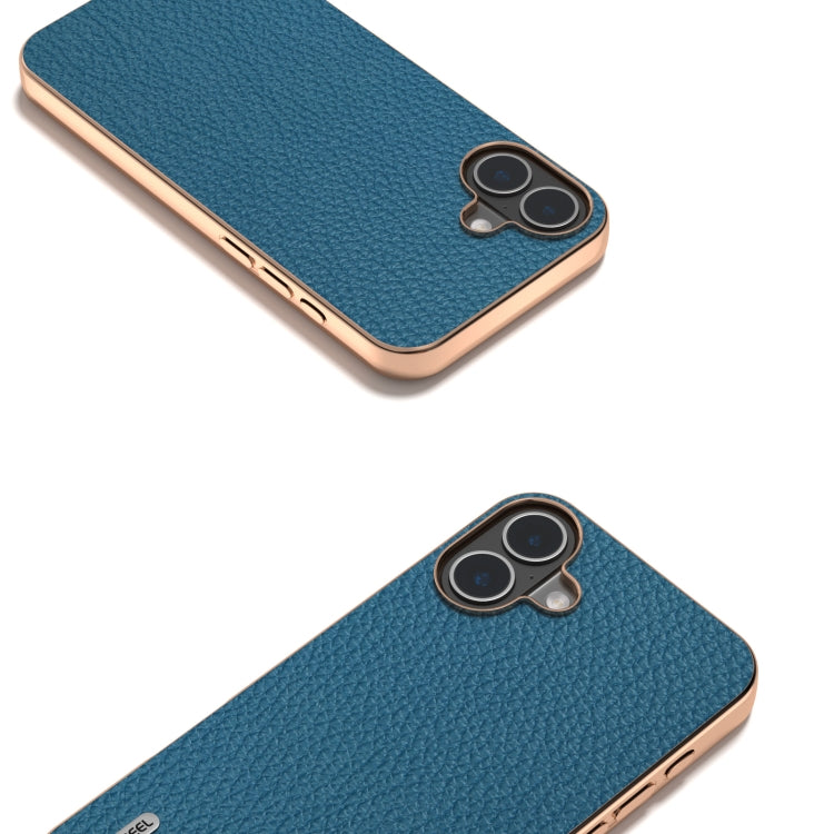 For iPhone 16 ABEEL Electroplating Frame Genuine Leather Litchi Texture Phone Case(Blue) - iPhone 16 Cases by buy2fix | Online Shopping UK | buy2fix