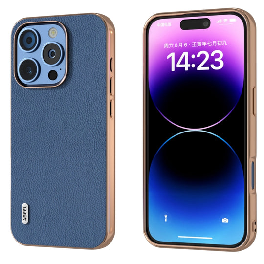 For iPhone 16 Pro ABEEL Electroplating Frame Genuine Leather + PC Litchi Texture Phone Case(Blue)