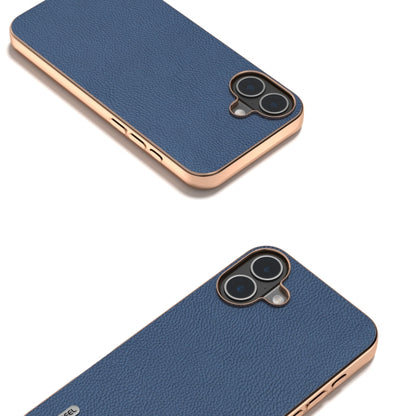 For iPhone 16 Plus ABEEL Electroplating Frame Genuine Leather + PC Litchi Texture Phone Case(Blue) - iPhone 16 Plus Cases by buy2fix | Online Shopping UK | buy2fix