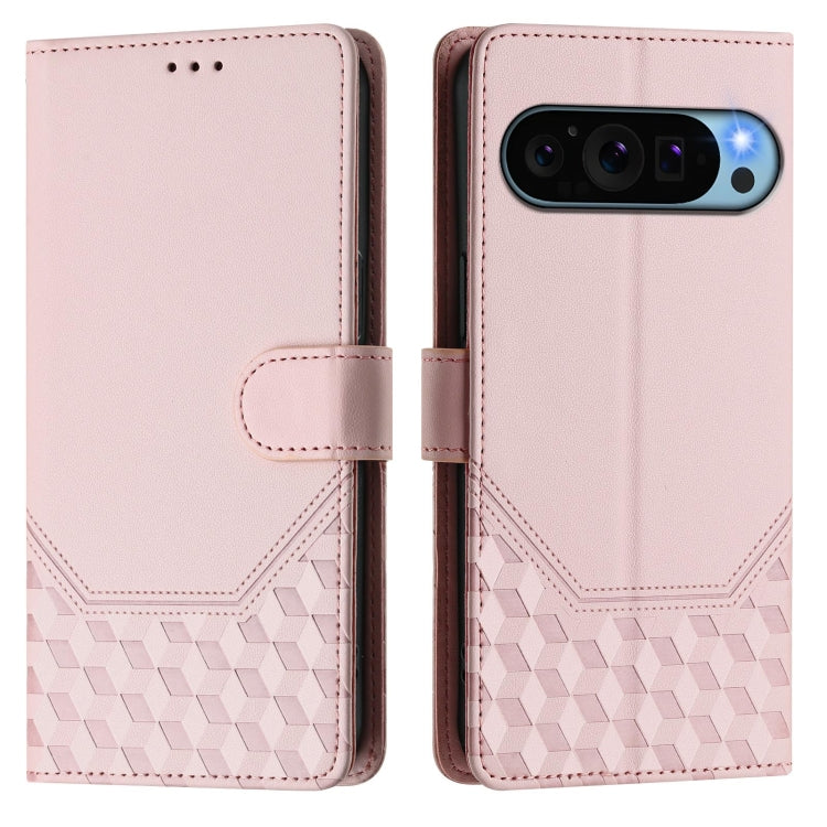 For Google Pixel 9 / 9 Pro Honeycomb Embossing RFID Leather Phone Case(Pink) - Google Cases by buy2fix | Online Shopping UK | buy2fix