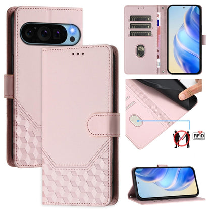 For Google Pixel 9 Pro XL Honeycomb Embossing RFID Leather Phone Case(Pink) - Google Cases by buy2fix | Online Shopping UK | buy2fix