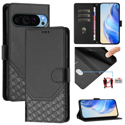 For Google Pixel 9 Pro XL Honeycomb Embossing RFID Leather Phone Case(Black) - Google Cases by buy2fix | Online Shopping UK | buy2fix